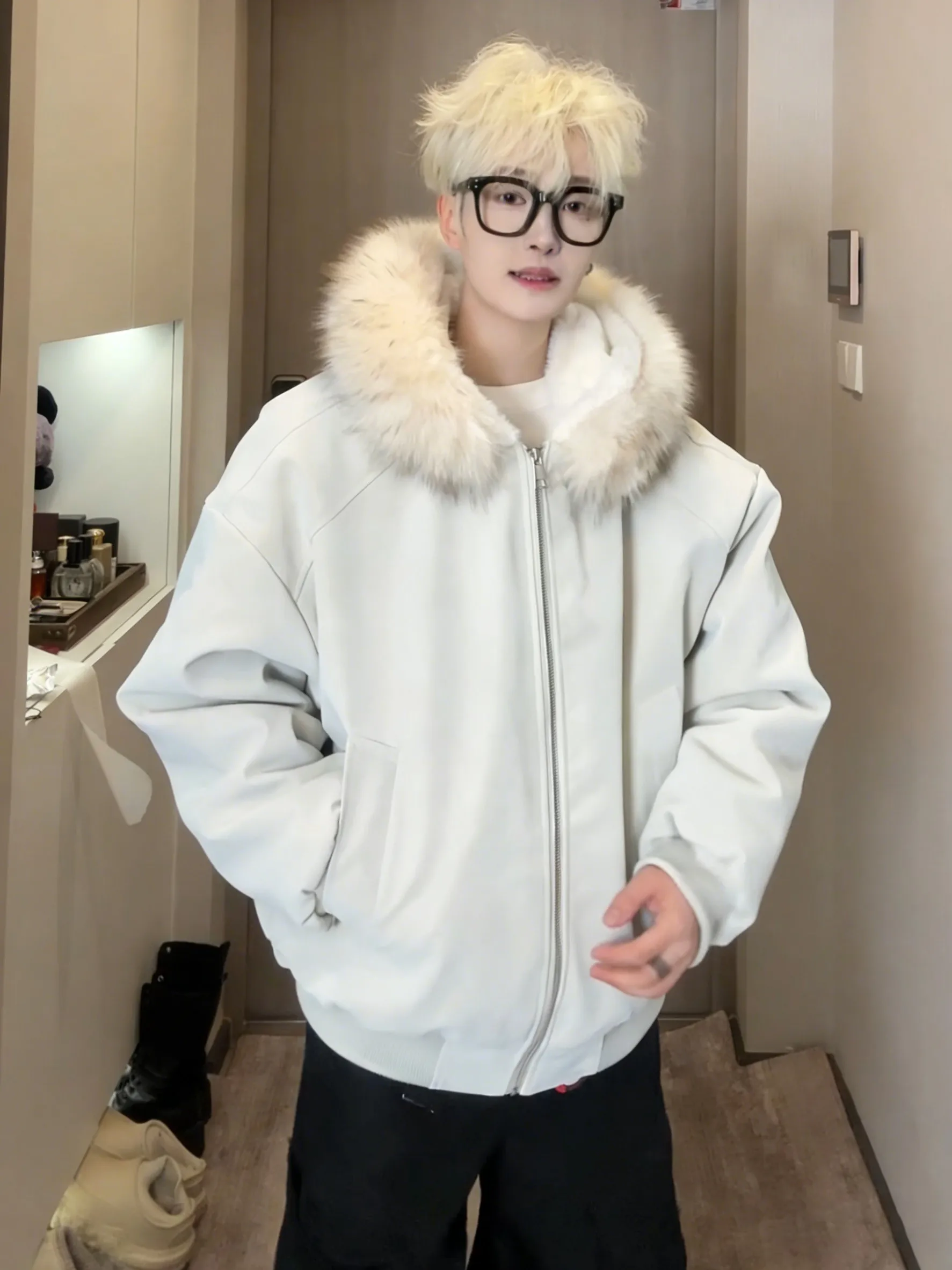 

Утепленная зимняя куртка для мужчин из искусственной кожи с узором «абрикосовый личи», хлопковая, с отстегивающимся меховым воротником, рабочая одежда