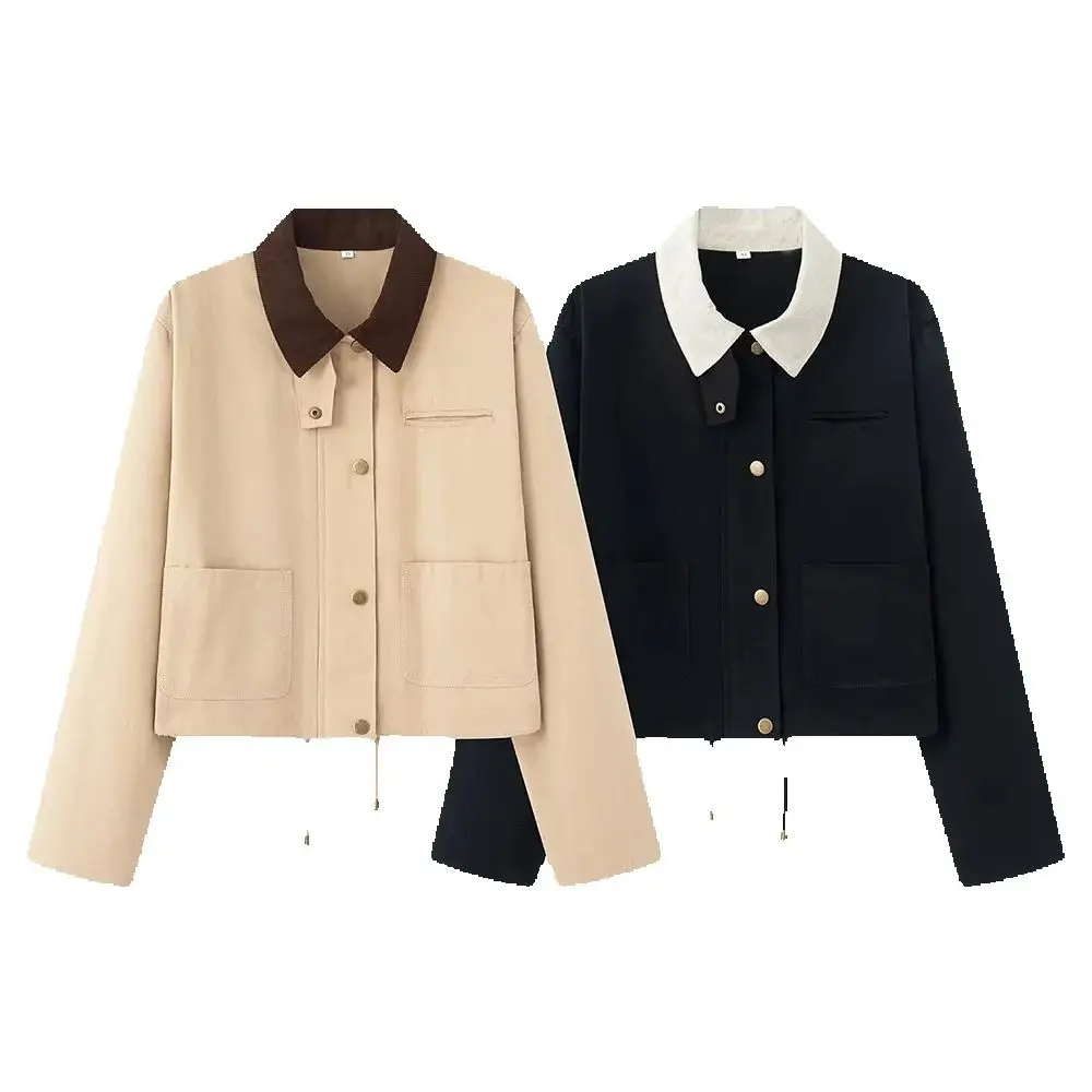 

Женская одежда в европейском и американском стиле, новая мода, короткая куртка с вельветовым воротником в американском стиле ретро