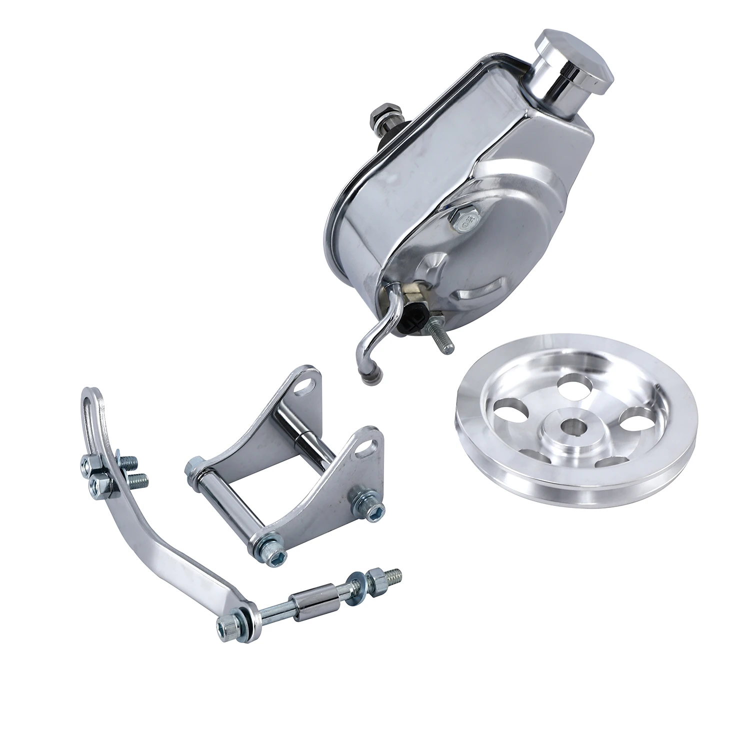 

Chrome Saginaw Style Power Steering Pump with Bracket and Single Groove Pulley for BBC SBC Chevy PSPK-201C