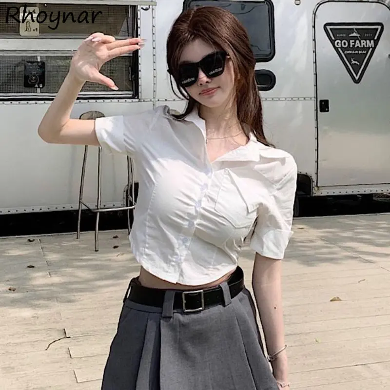 Crop Slim Shirts Women White Hotsweet All-match Minimalist Pure Temper Sexy Clothes Summer Camisas European Streetwear Fashion