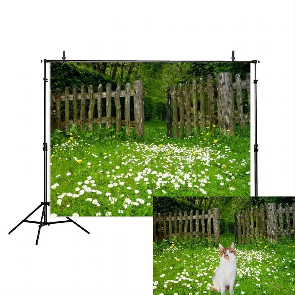 Spring Backdrop Garden Flower Rustic Wood Fence Meadow Forest Wonderland Photography Background Hiking Picnic Party Decor Studio