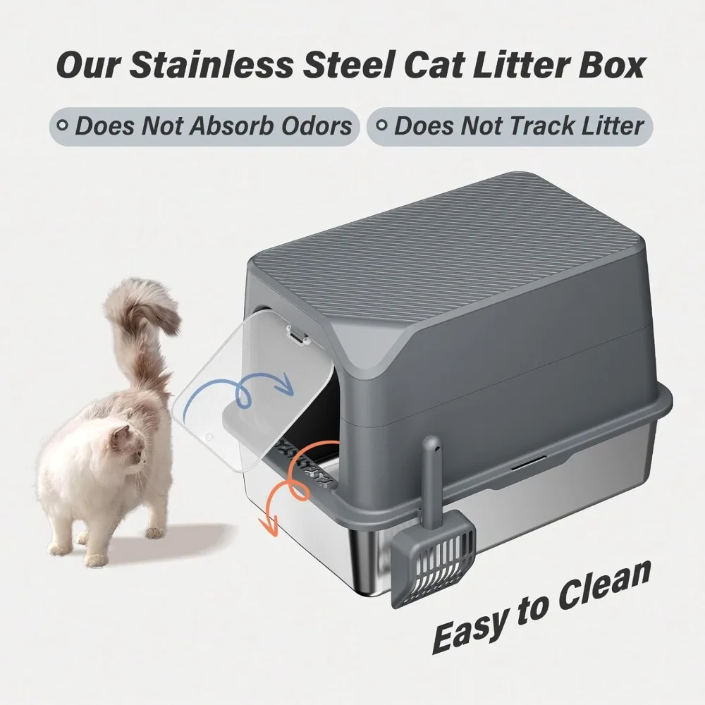 Stainless Steel Cat Litter Box with Lid, Enclosed Extra Large Metal Cat Bedpans High Sides, with Shovel, Litter Box