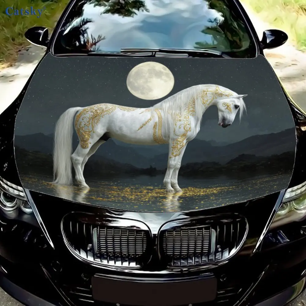 White Horse Under The Moonlight Car Hood Wrap - Durable, Waterproof, And UV-Resistant PVC Sticker For Trucks, SUVs, And Boats Wi