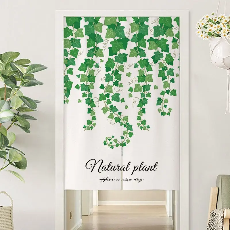 VIKAMA Green Ivy Natural Plant Door Curtain White Background Hanging Vine Leaf Have A Nice Day Text Fresh Botanical Art Linen