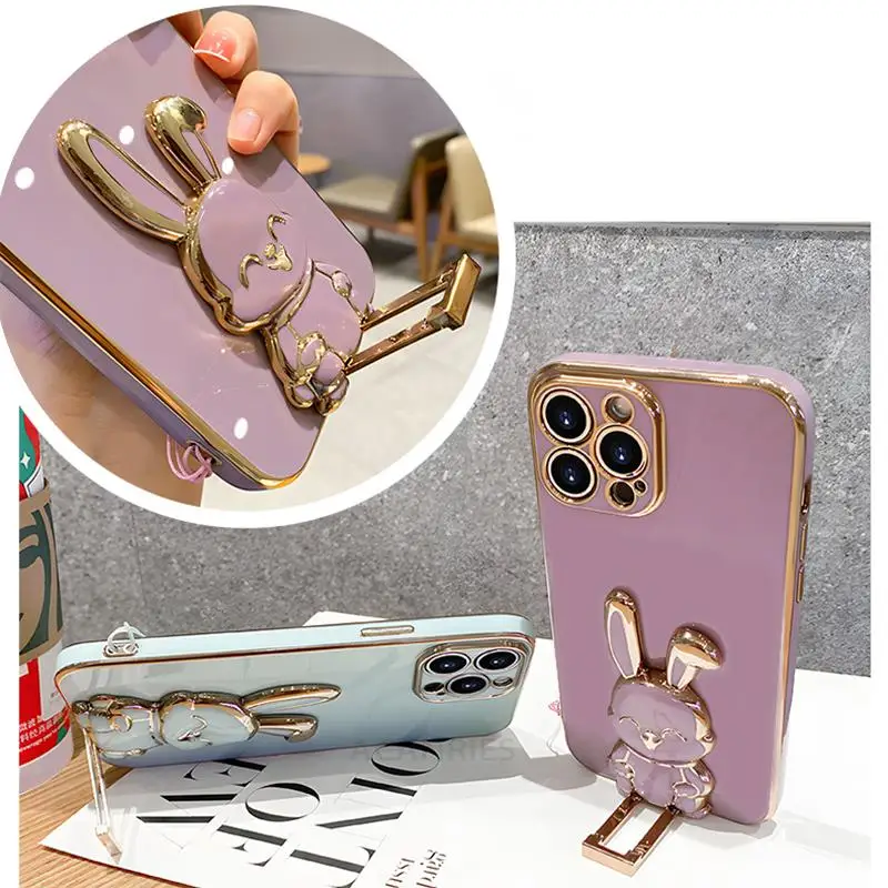 Pocox4pro Luxury Plating Rabbit Holder Case On For Xiaomi Mi Poco X4 M4 Pro 4g X4pro 5g X5 C55 C40 X3 F4 Lanyard Silicone Cover