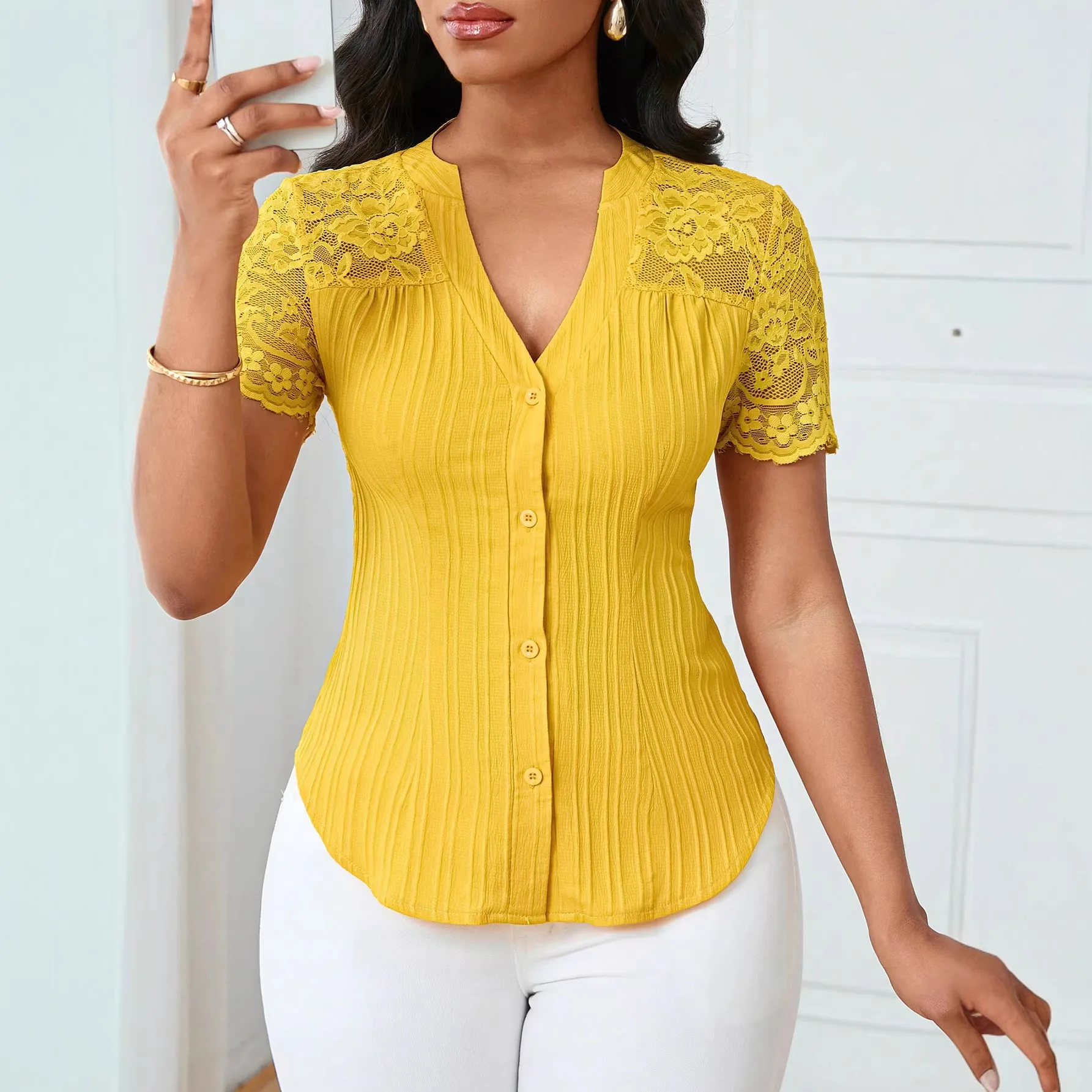 

Summer Lace Slim Shirts For Women 2026 Fashion Solid Color Short Sleeve V-neck Blouses And Tops Casual