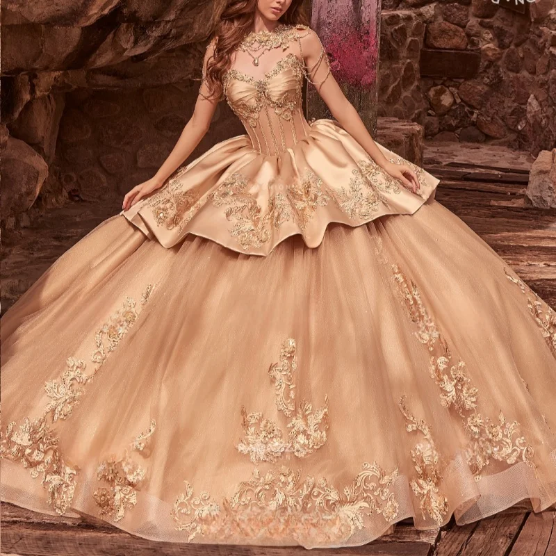 

Платье Quinceanera цвета шампанского по индивидуальному заказу с открытыми плечами и блестками, кружевное 3D-цветочное многослойное платье с длинным хвостом, Vestido 15, Quinceanera