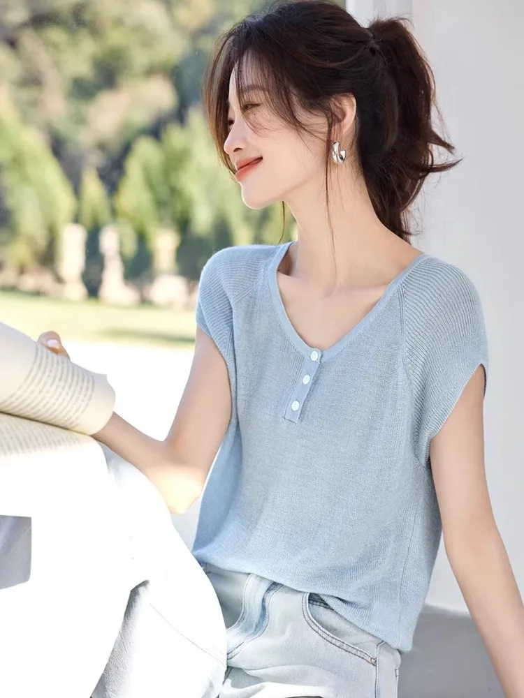 IJszijde gebreide top Pure Color ort Sve Overhead Design Pendelen Sle Ademend Zomer Faion Koreaanse versie Normale pasvorm