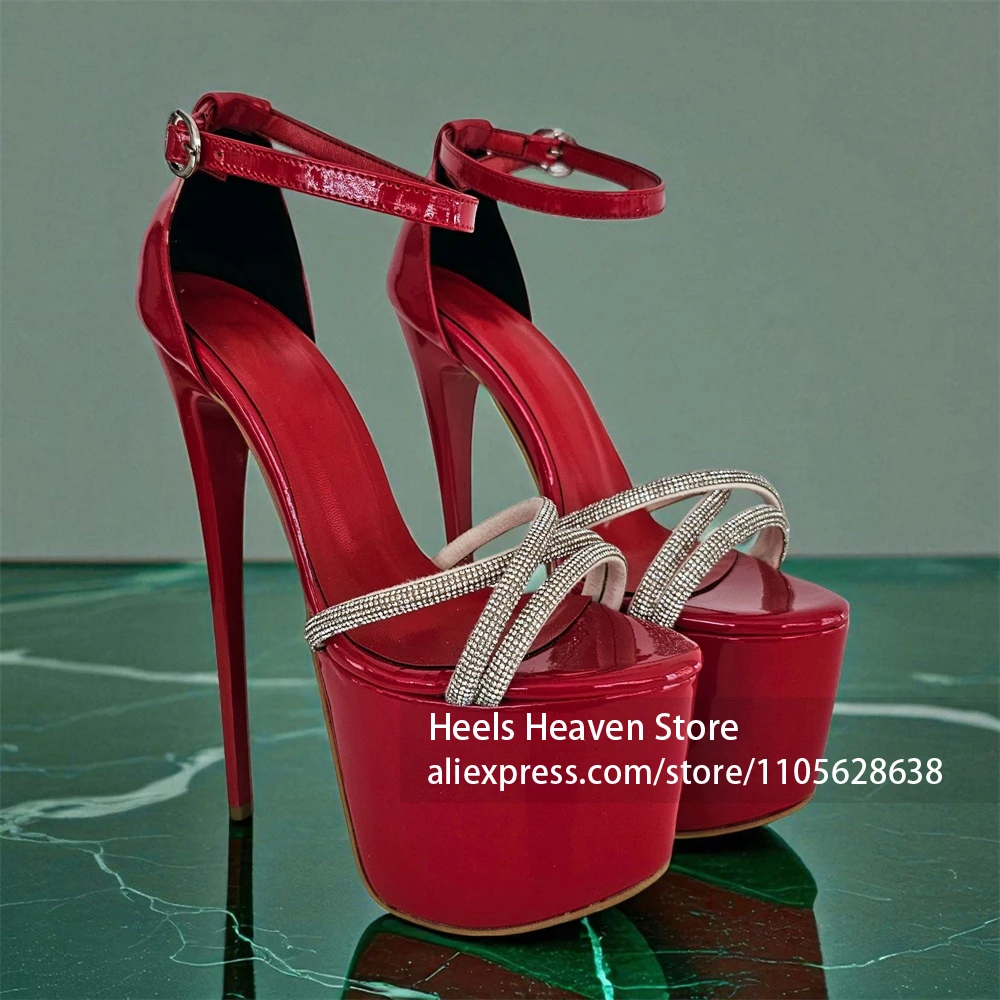 Thick Mirror Platform Sole Rhinestone High Heels Adjustable Ankle Strap with Metal Buckle Pole Dance Shoes Nightclub Dance Wear