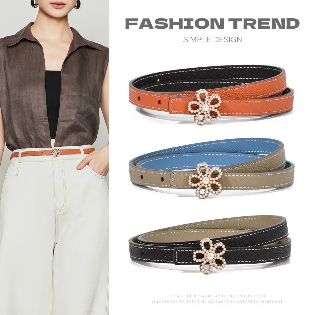 Flower studded diamond thin waist belt, versatile and exquisite buckle, cowhide waist belt with jeans, double-sided two tone