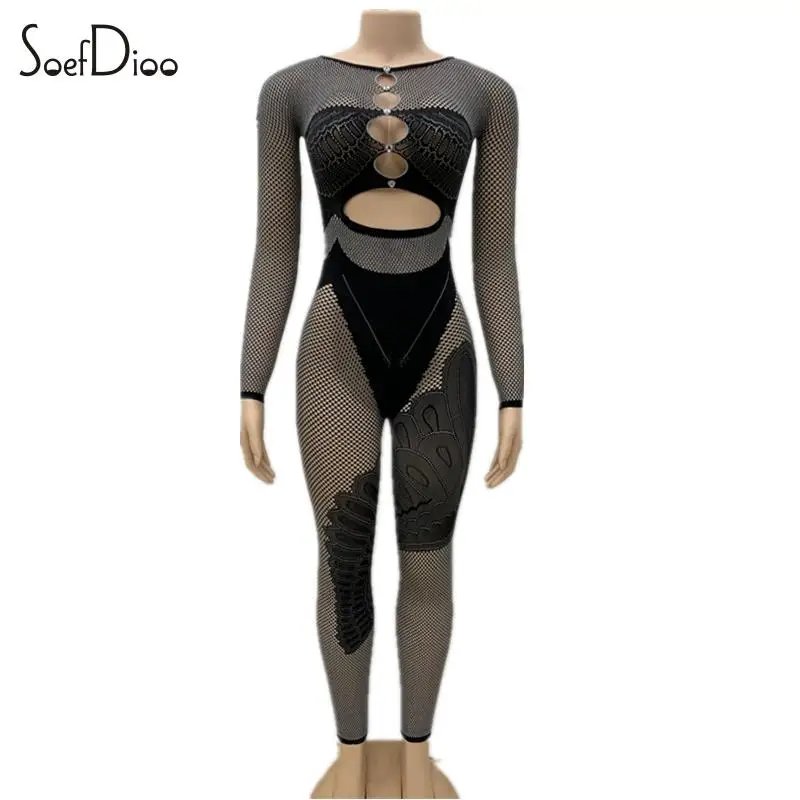 Soefdioo Mesh Hollow Out Rhinestone Jumpsuits Women Sexy O-Neck Body-Shaping See Through One Piece Rompers 2024 Fall Clubwear