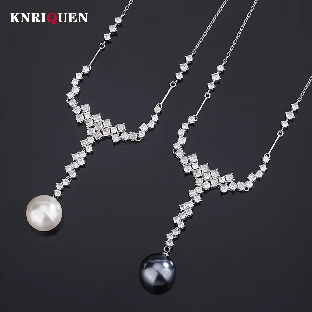 New Charms 14mm Black White Big Pearl Tassel Pendant Necklace for Women Lab Diamonds Elegant Anniversary Gift Party Fine Jewelry