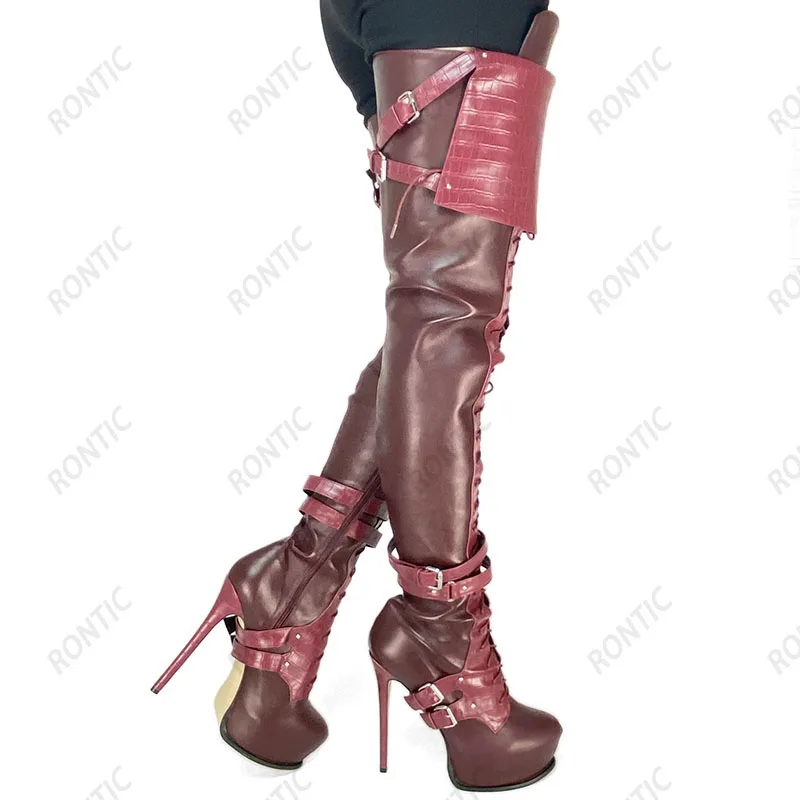 Rontic Women Winter Crotch Boots Hidden Platform Side Zipper Stiletto Heels Round Toe Fabulous Burgundy Party Shoes US Size 5-20