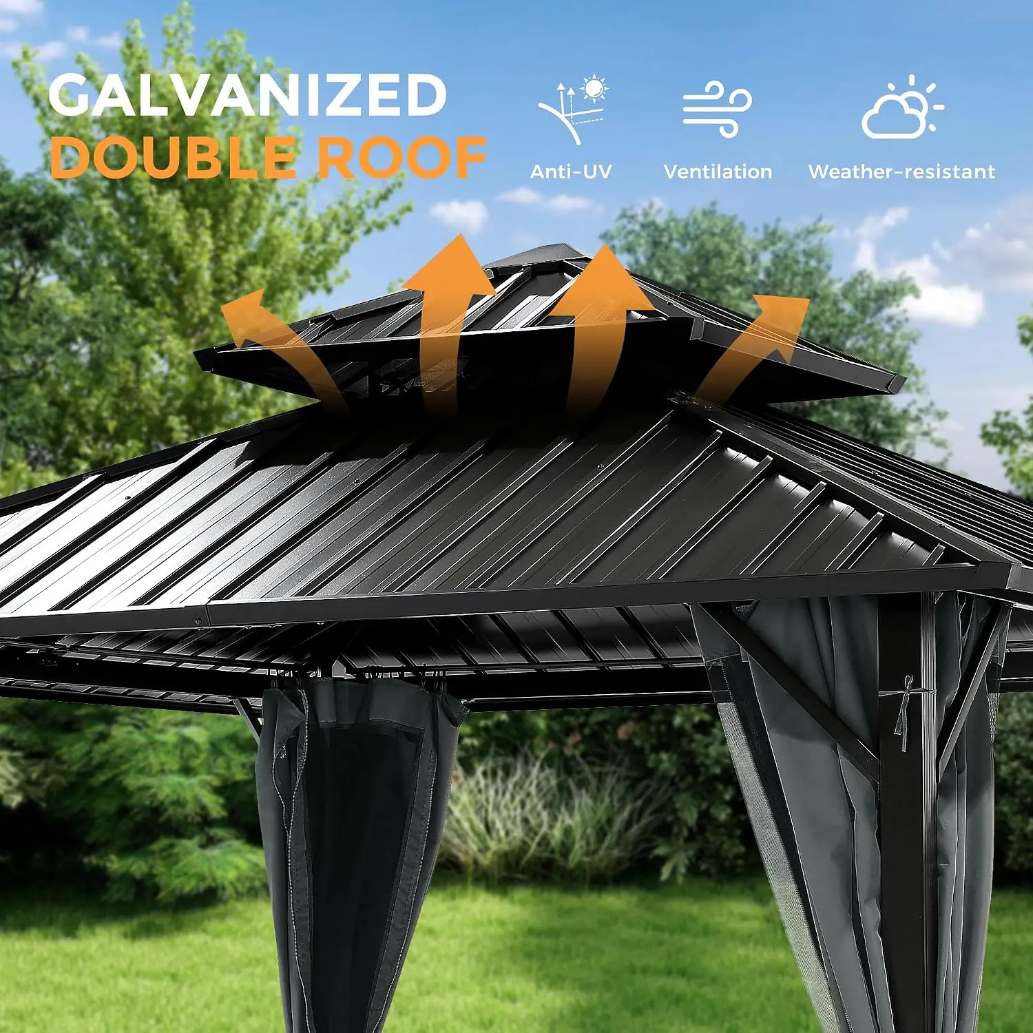 12'x12' Outdoor Hardtop Gazebo, Aluminum Gazebo with Double Galvanized Steel Roof, Curtains and Netting for Patio,, Customized