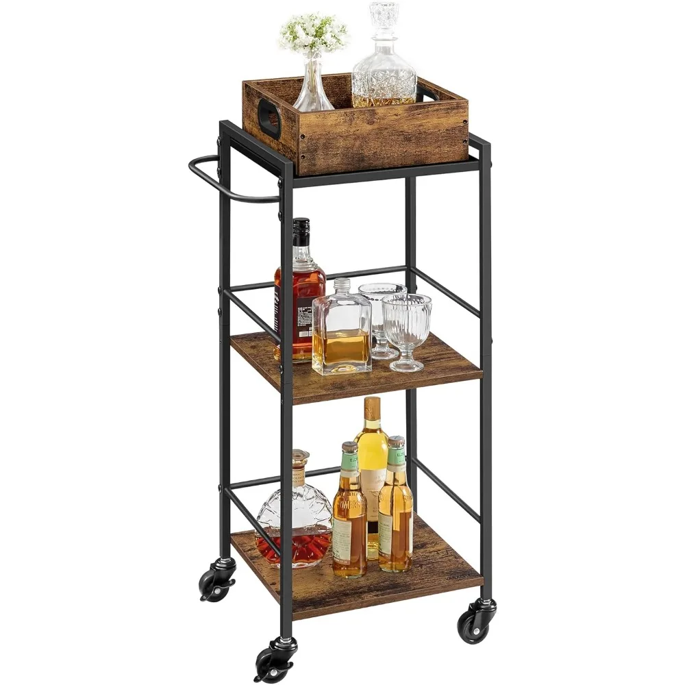 

Kitchen Serving Cart with Removable Tray, 3-Tier Kitchen Utility Cart on Wheels with Storage, with Brakes, Leveling Feet