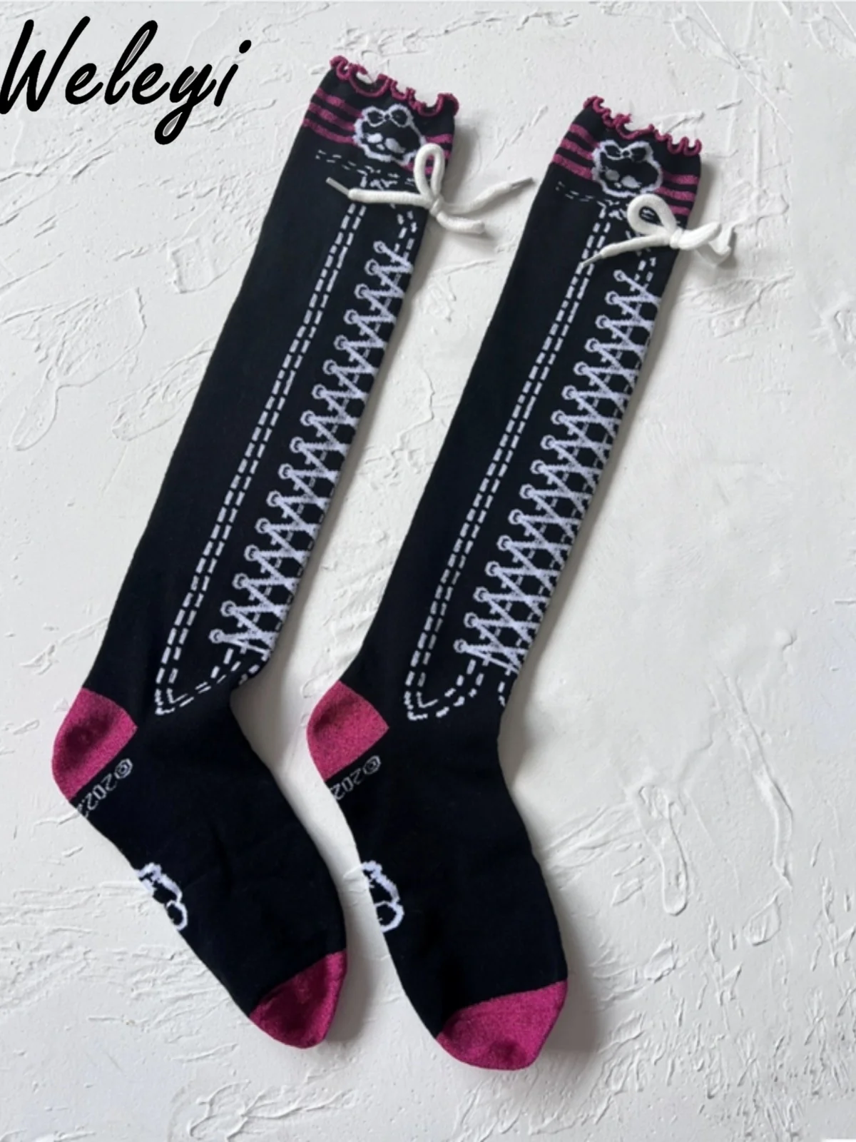 Japanese Lolita Shoelaces Medium Tube Socks Harajuku Sweet Cute Girl Black Strap Calf Socks Cos Party and Knee Stockings Female