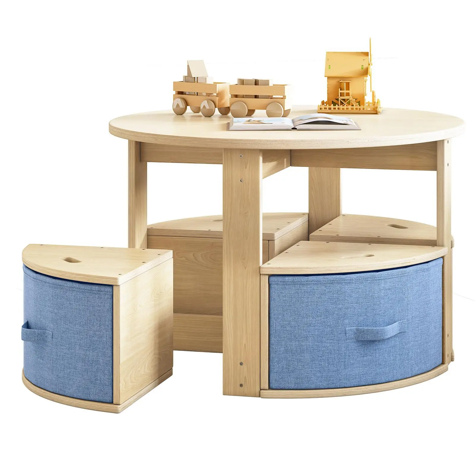 

Custom children's table and chair set Round children's table and chair Wooden activity table Four storage drawers Chair