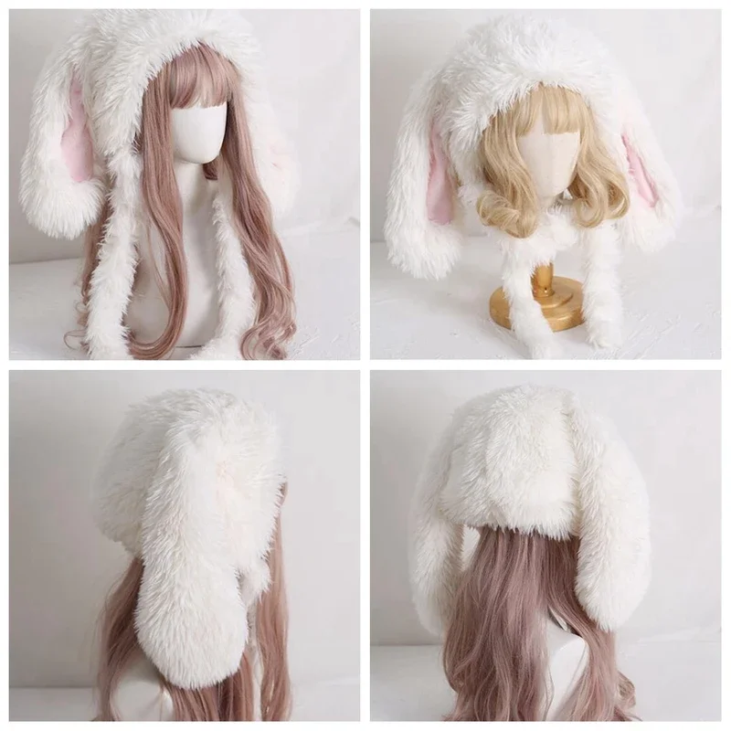 Japanese Sweet Loppy Bunny Eared Rabbit Cap Lolita Earmuffs Cap Fluffy Warm Winter Fleece Hats