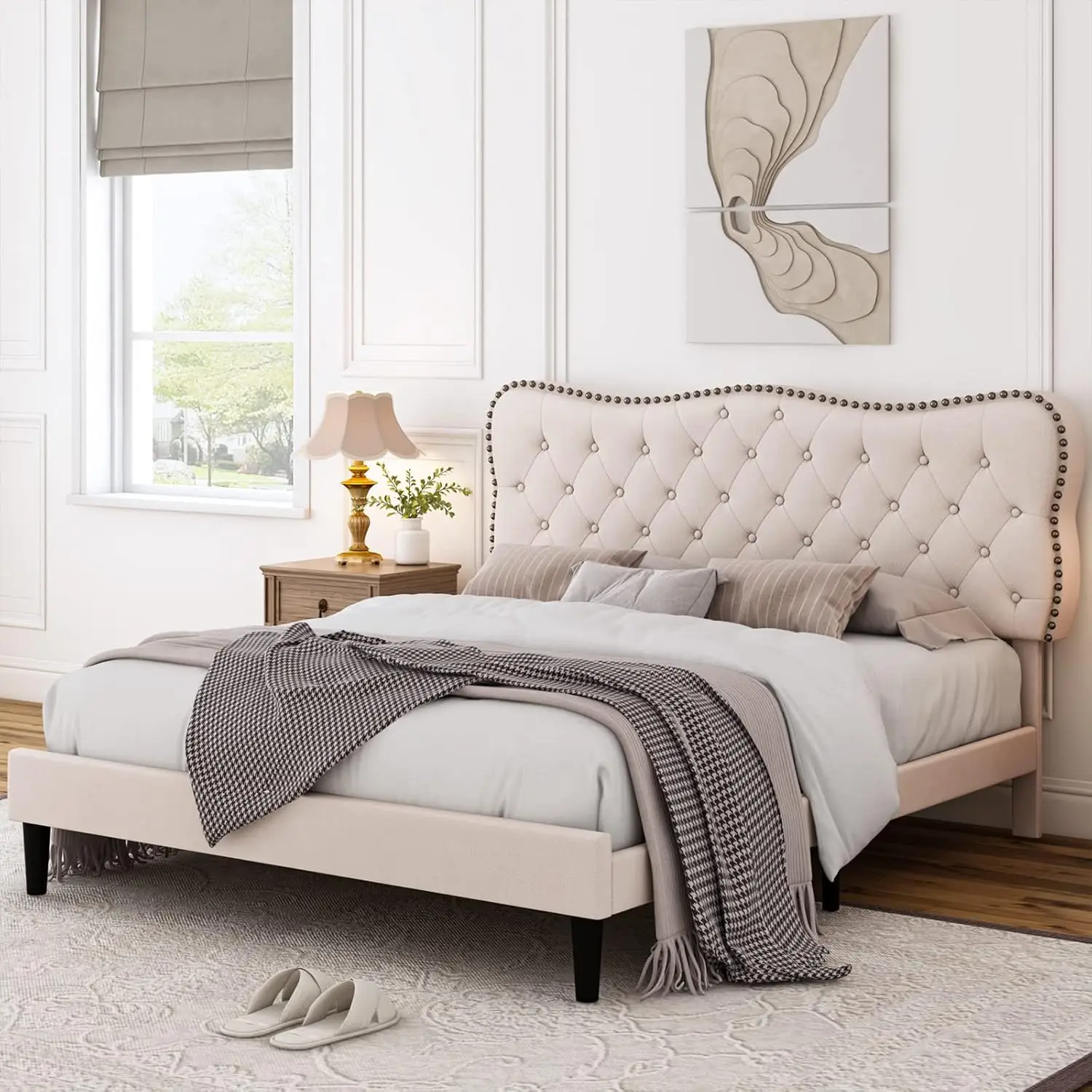 Full Size Bed Frame, Linen Fabric Upholstered Platform with Adjustable Headboard, Diamond Tufted Mattress Foundation