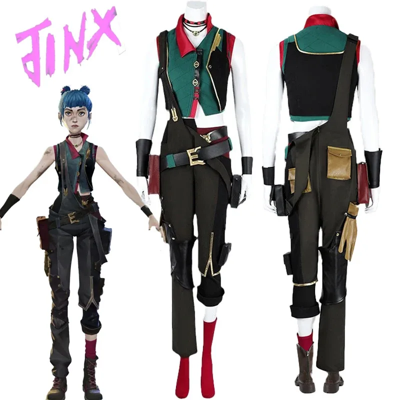 

Game LOL Arcane Powder Jinx Cosplay Costume Overalls Disguise Suits Props Full Sets Halloween Carnival Party Role Play for Women
