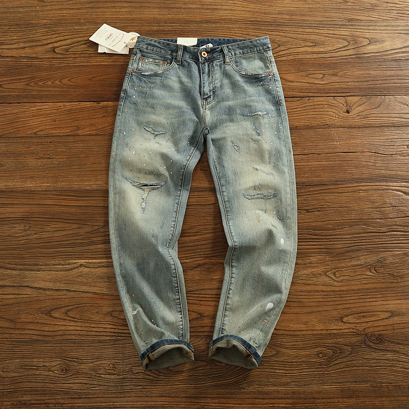 Slim Fit Esnek Sıkıntılı Dört Mevsim Stil Bıyıklı Sprey boyalı Yüksek Kaliteli Trendy Denim Kot Erkekler için Retro Yıkanmış