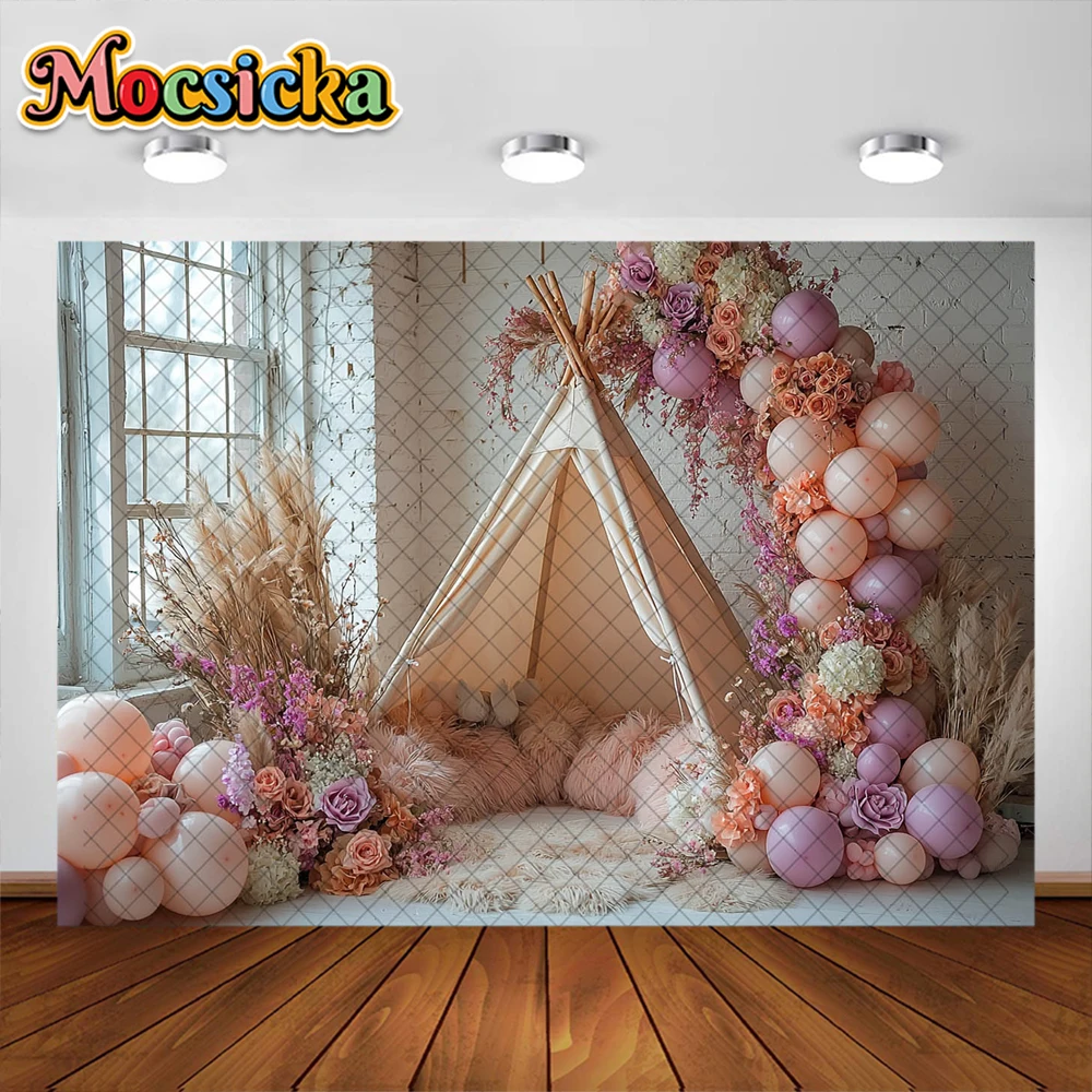 Bohemian Photography Background Colorful Balloon Tent Decoration NeWborn Baby Shower Cake Smash Background Studio Props Banner
