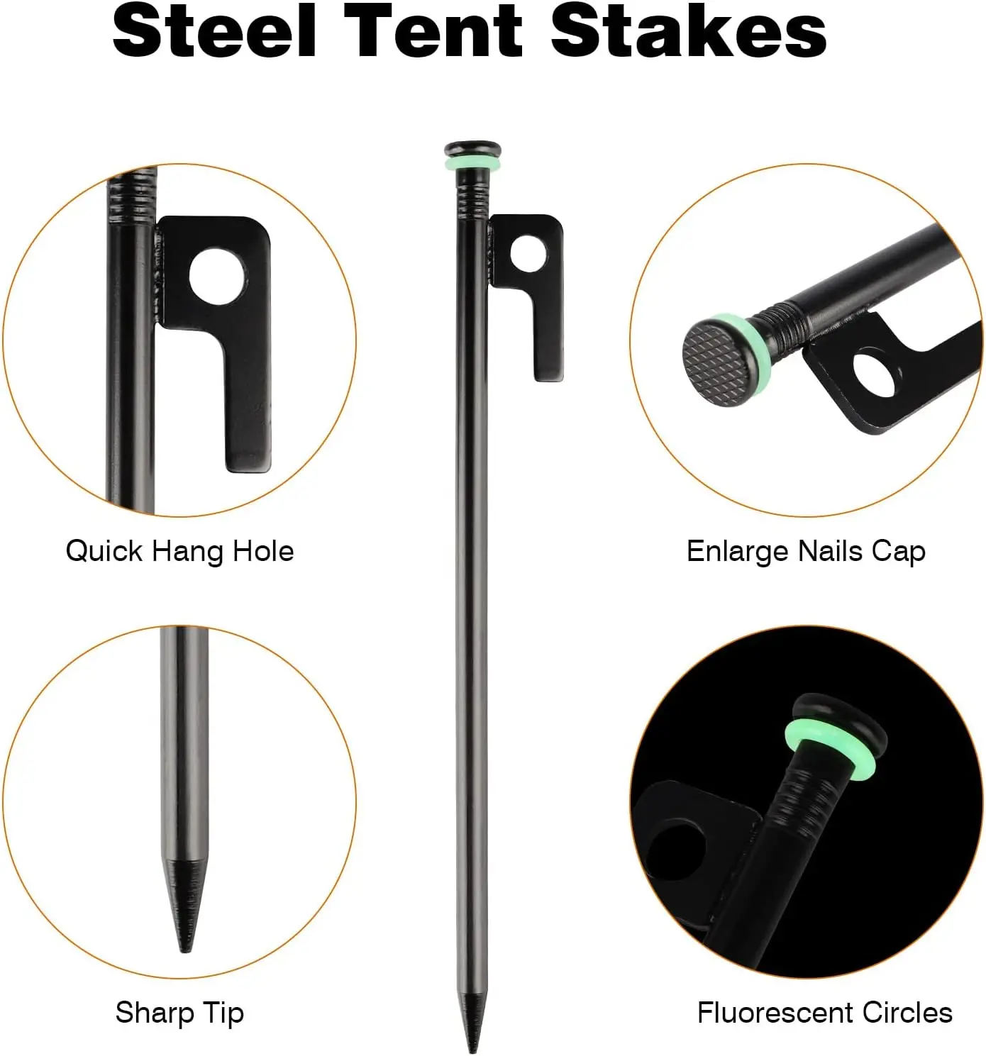 أوتاد خيمة معدنية شديدة التحمل أوتاد خيمة فولاذية حلقات سيليكون فلورسنت حقيبة خاصة للتخييم المستخدمة على الصخور