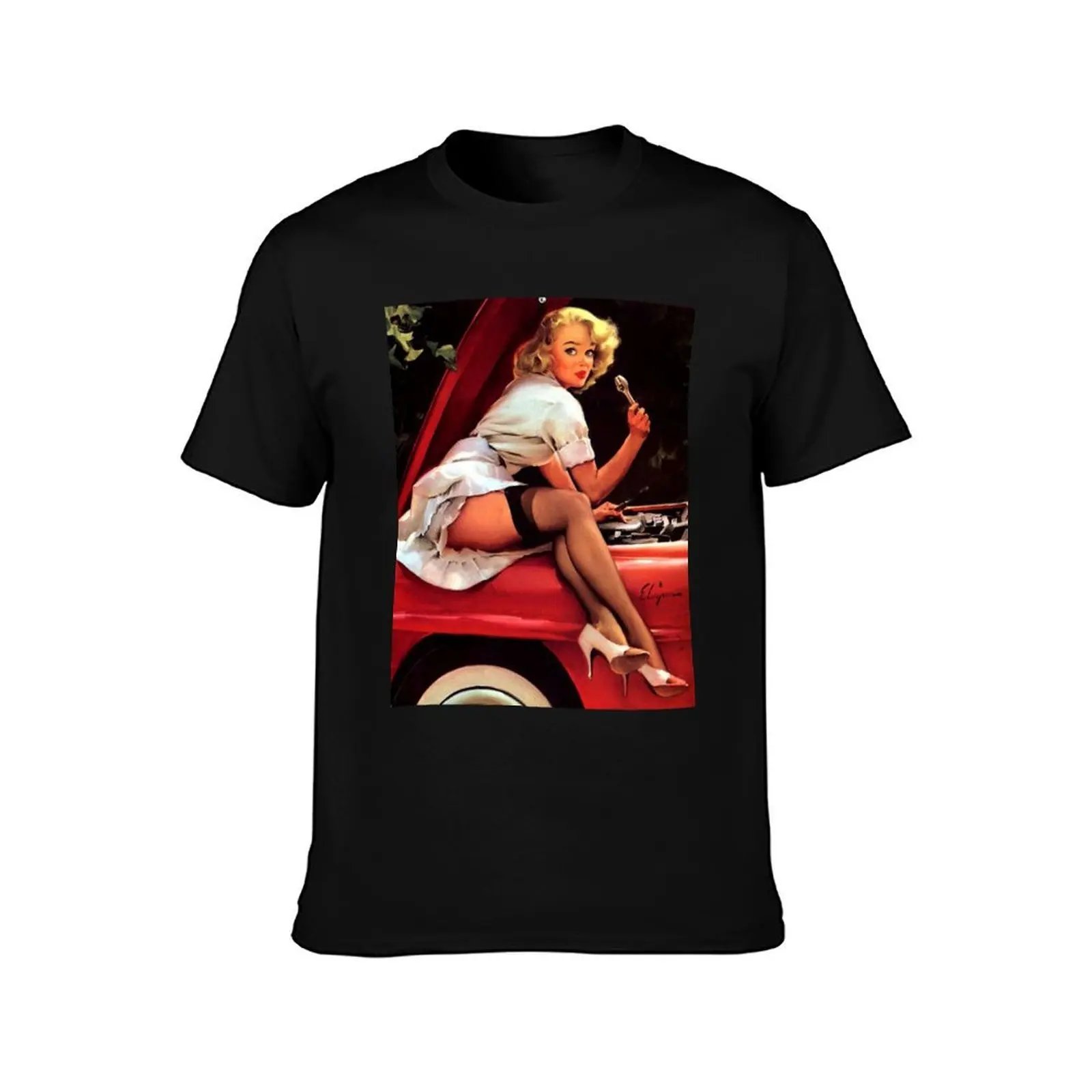 Gil Elvgren Mechanic Pin Up Girl T-Shirt, Summer Casual Cotton Tee, Oversized Streetwear Tops, Vintage Graphic Print