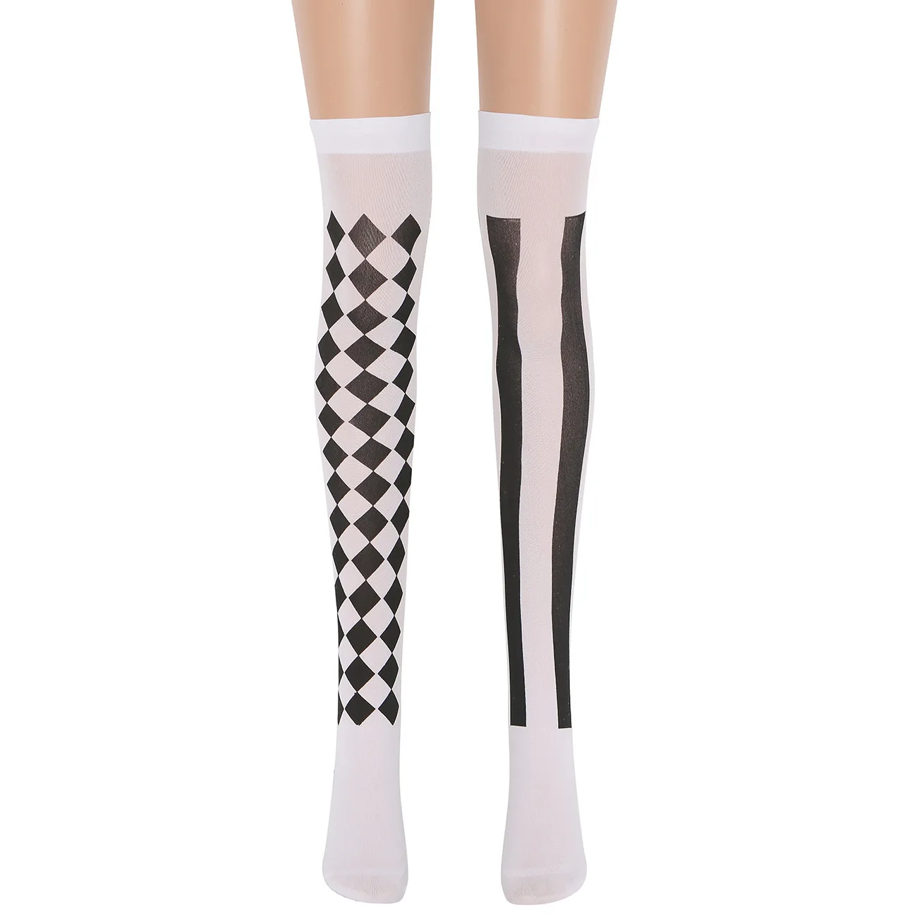 Diamond Print Cosplay Stockings Halloween Asymmetric Harlequin Stripe Over-Knee Socks Women's Makeup Ball Costume Accessories