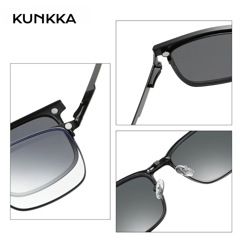 KUNKKA Retro Square Prescription Glasses Men Women Magnetic Clip Polarized Sunglasses Anti-Blue Light Myopia Hyperopia Eyewear