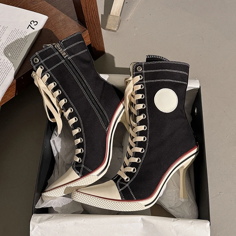 Pointed Canvas High-Heel Ankle Boots Vintage Lace-Up Side Zipper Slim Heel Niche Design Hot Girl Mid-Calf Boots view 5
