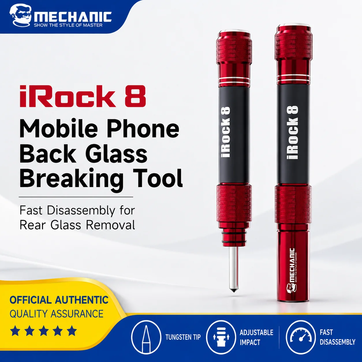 MECHANIC IRock8 Telefoon Achterglas Breukgereedschap, Verstelbare Impactkracht, Hoge Hardheid Tip voor Reparatie en Verwijdering van Achterglas