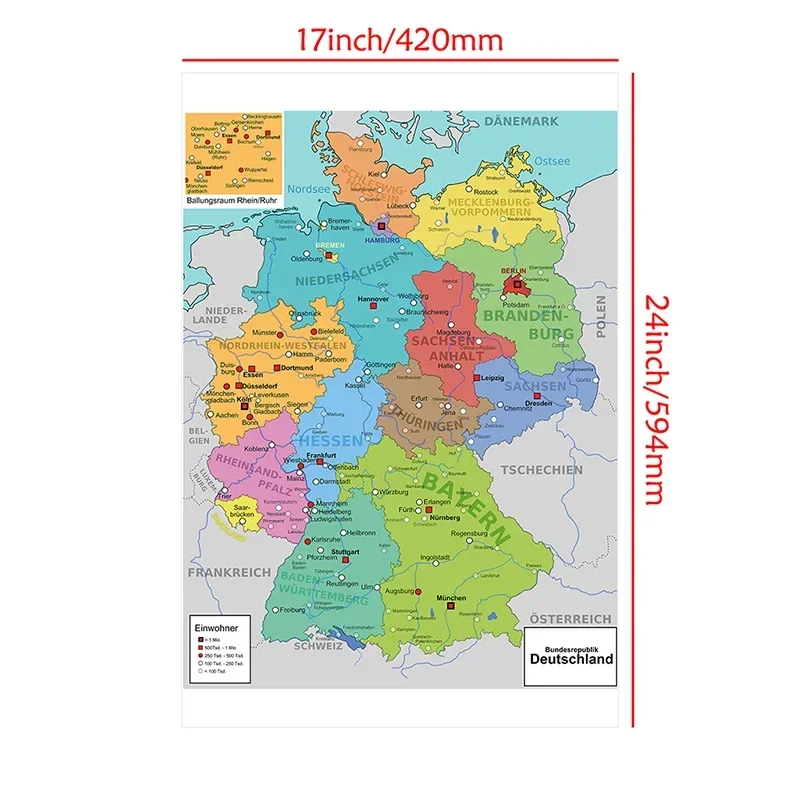 42*59cm Map of Germany Wall Decorative Map In German Unframed Canvas Painting Art Poster Living Room Home Decor School Supplies