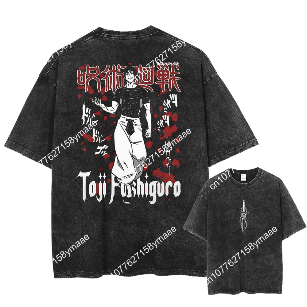 Men Women Vintage Oversize Washed Tee Unisex Harajuku Streetwear Anime Print T-Shirt Summer Short Sleeve Casual Cotton Tshirt