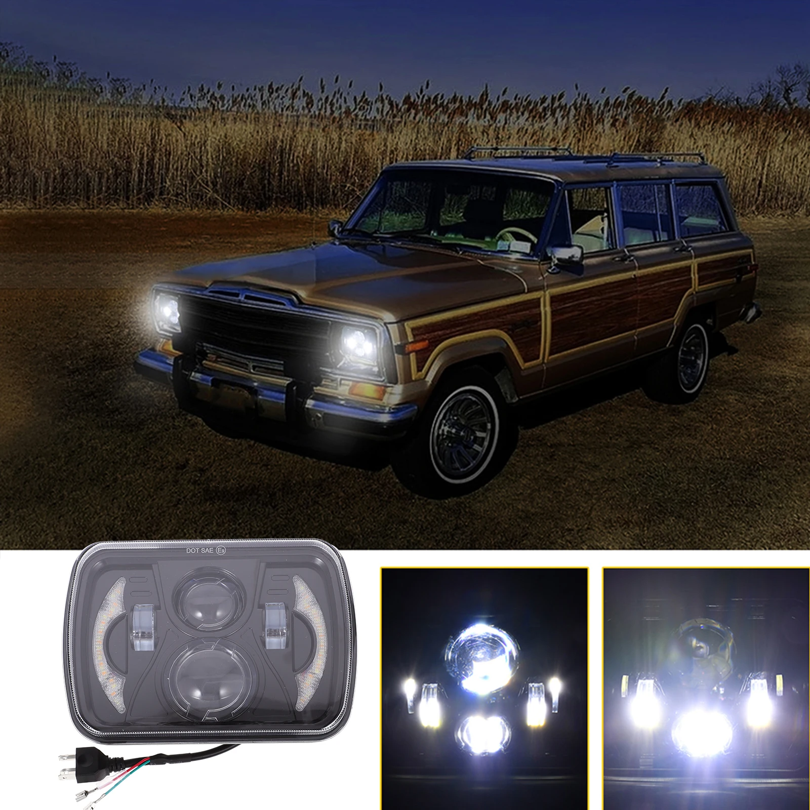 

1pc Waterproof Led Headlights Durable Square Headlamp Energy Saving Car Truck Suv Long Lifespan Bright Night Driving