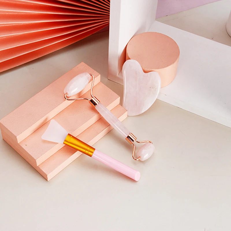 天然翡翠ローラー ローズクォーツローラー グアシャ スクレイパー マスクブラシセット フェイシャルマッサージ スキンケアツール フェイスリフト グアシャストーン