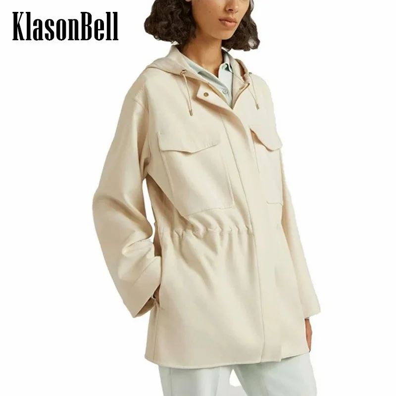 10.12 KlasonBell Women Clothes Vintage Fashion Hooded Drawstring Collect Waist Design Pocket Double-Sided Wool Coat