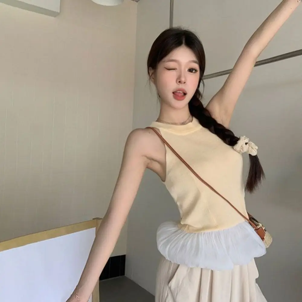 

Ins Style Slim Fit Sleeveless Crop Top Vest Irregular Halter Camisole Women Spicy Girl Style Sweet Girl's Top Lady