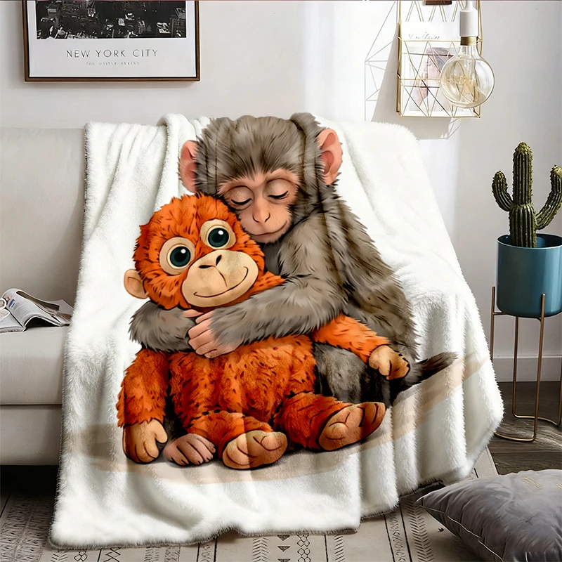 Monkey Punch Graphic Flannel Blanket, Adorable Monkey Hugging Plush Toy Flannel Throw