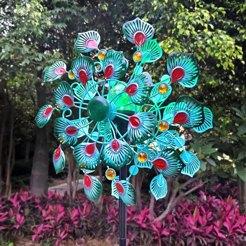 Peacock Wind Spinner for Garden Decorative Metal Windmill Double Sided Pinwheel Outdoor Decor Yard Lawn Plug in Type Ornaments