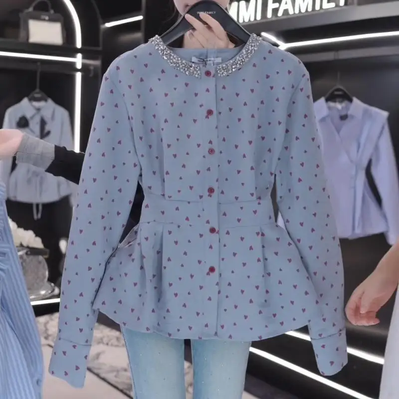 

Женская блузка во французском стиле с круглым вырезом и принтом, приталенная, украшенная стразами, с галстуком на талии, элегантные возрастные весенне-осенние топы