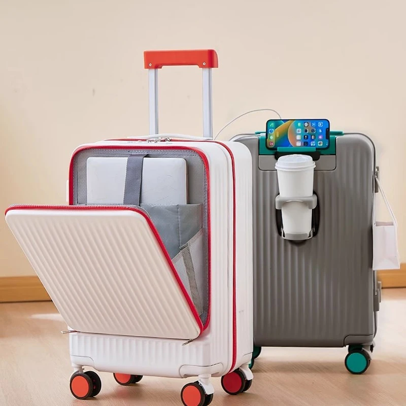 20/24/26 بوصة المتداول الأمتعة حقيبة سفر الجبهة افتتاح مع حامل الكأس حمل على الأمتعة الصعود حقيبة تروللي بعجلات