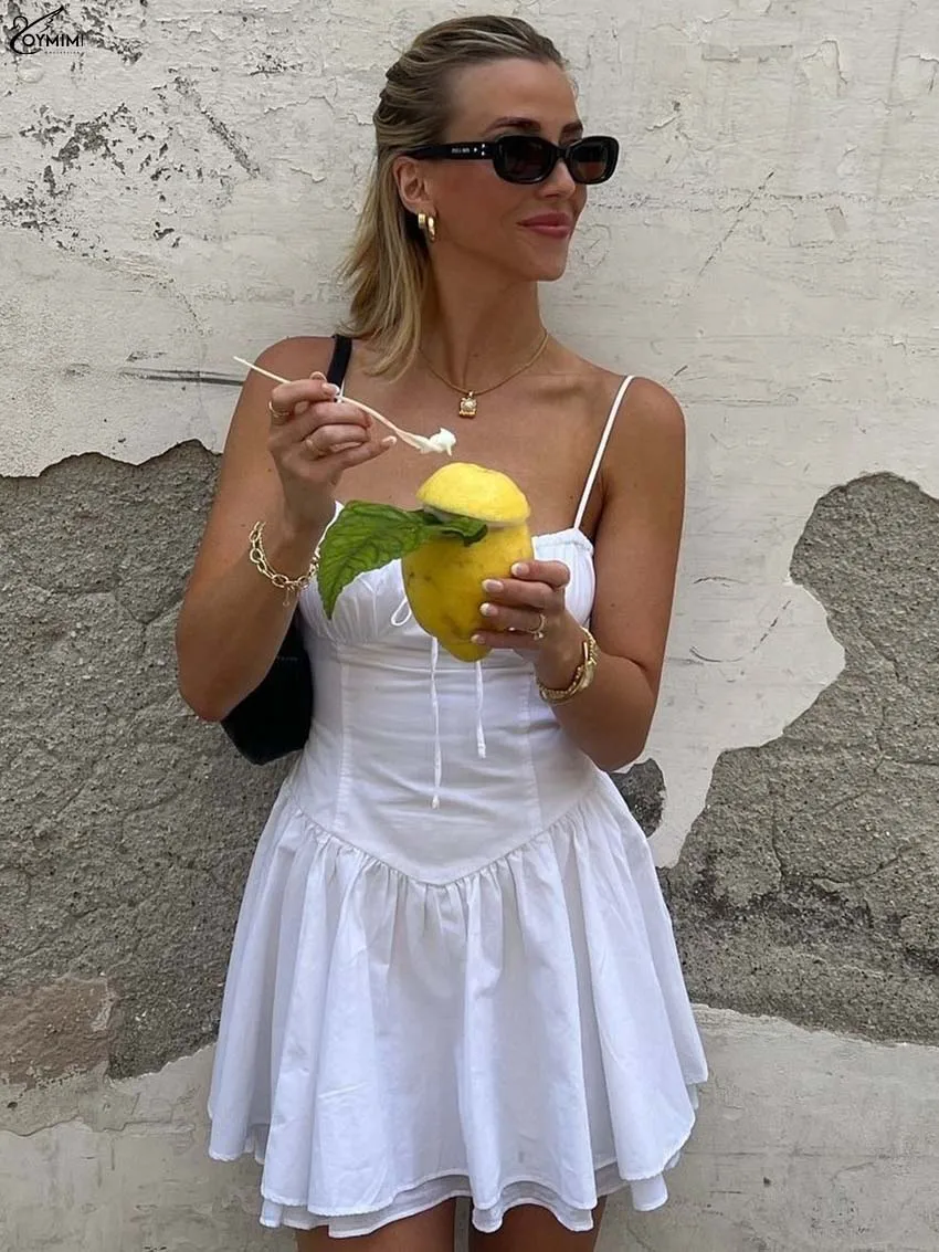 

Oymimi Fashion White Lace-Up Womens Dresses Elegant Spaghetti Strap Sleeveless Dresses Autumn New High Waist Pleated Mini Dress