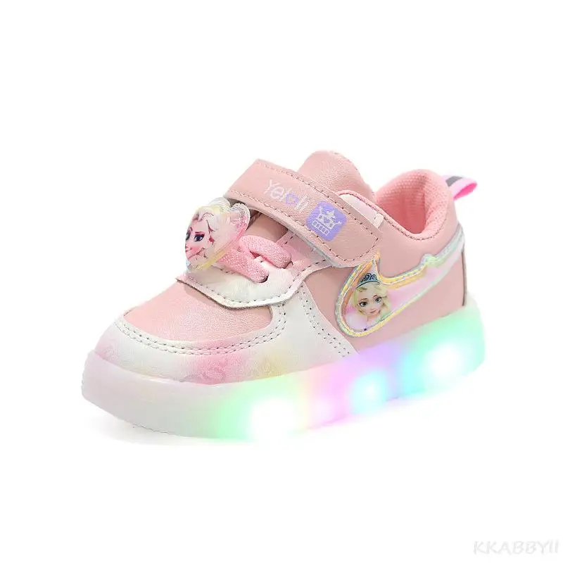 Zapatos informales para bebé y niña, zapatillas luminosas Led, deportivas transpirables con dibujos animados de Frozen