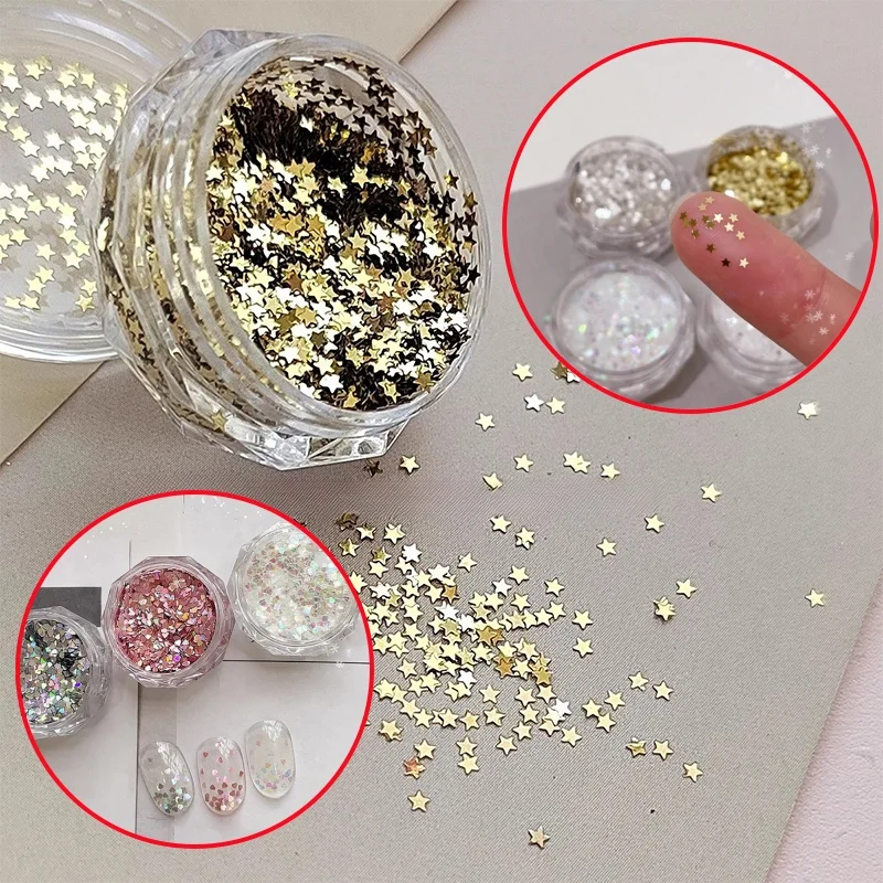 1 Box fünfzackiger Stern Herz Nagel Mix Pailletten Flash Nagel glänzende Spiegel Mehl Dekoration Nail Art DIY Nail Art Enthusiasten – Detail 1