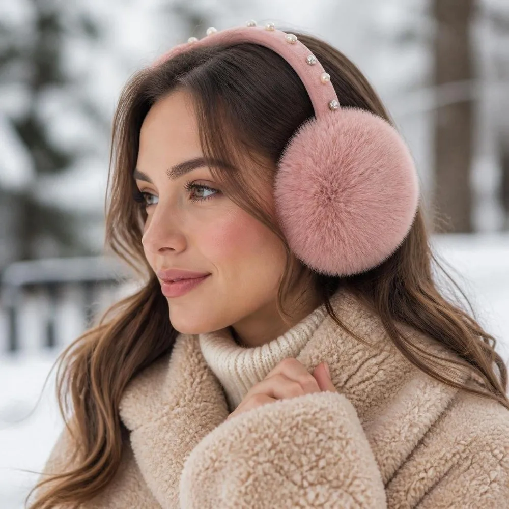 Fashion Pearl Rhinestone Decor Faux Fur Earmuffs Soft Winter Ear Warmers Fluffy Cold‑proof Soft Fluffy Earmuffs Cycling