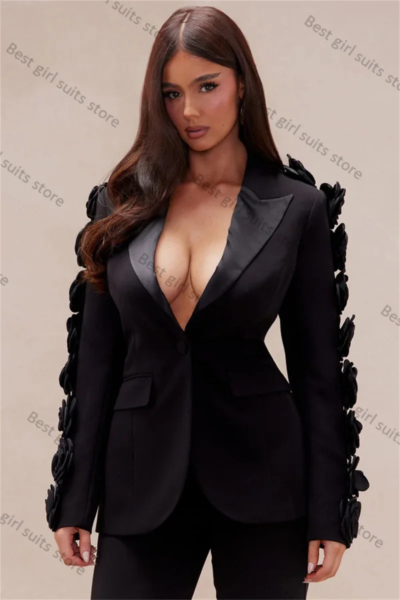 Spring Black Luxury Women Suit Set 2 Piece Blazer+Pants Formal Office Lady Jacket Customized 3D Flower Wedding Coat Prom Dress