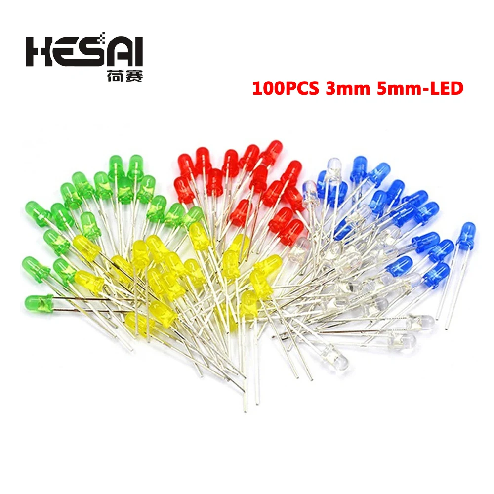 100 SZTUK 3mm 5mm Diody elektroluminescencyjne LED 5 kolorów Elementy elektroniczne Czerwony Zielony Niebieski Biały Żółty Kolor Zestaw DIY Światło LED