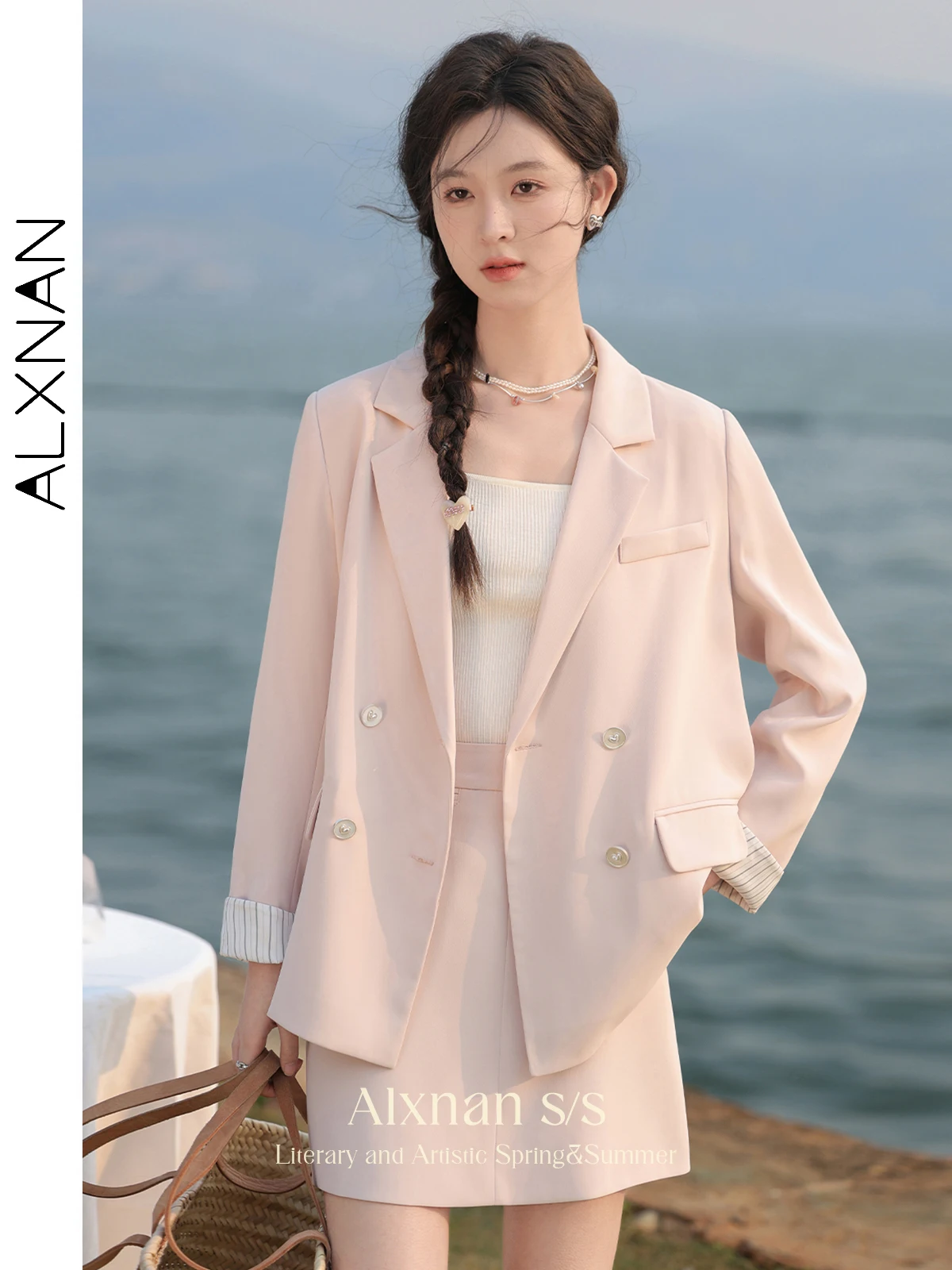 

ALXNAN Pink Blazers for Women 2024 Autumn New Commuter Notched Double Breasted Long Sleeve Suit Jacket Woman Clothing L33771