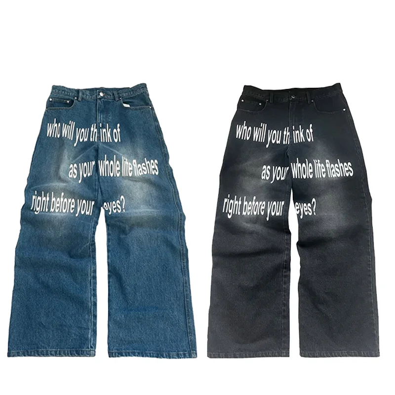 

2025 Street Fashion Simple Elegant Casual Loose Jeans Y2K Harajuku Letter Printed Retro Fashion Gothic Low Waist Wide Leg Jeans